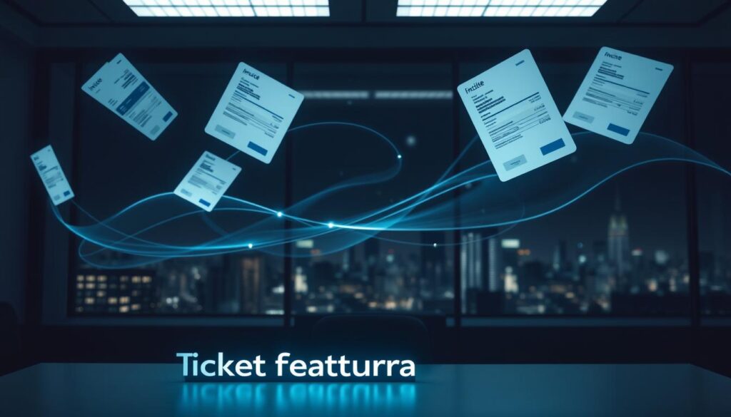 A dimly lit office space, with electronic invoices floating effortlessly in the air, casting a soft glow. In the foreground, a desk displays the "Ticket Factura" brand, its sleek design hinting at the cloud-based solution it represents. The middle ground features wisps of data streams intertwining, symbolizing the seamless integration of digital invoices. In the background, a skyline of modern buildings hints at the urban setting, underscoring the contemporary nature of this cloud-based accounting solution. The overall atmosphere is one of efficiency, organization, and technological sophistication, perfectly capturing the essence of "Gestión y almacenamiento de facturas en la nube".