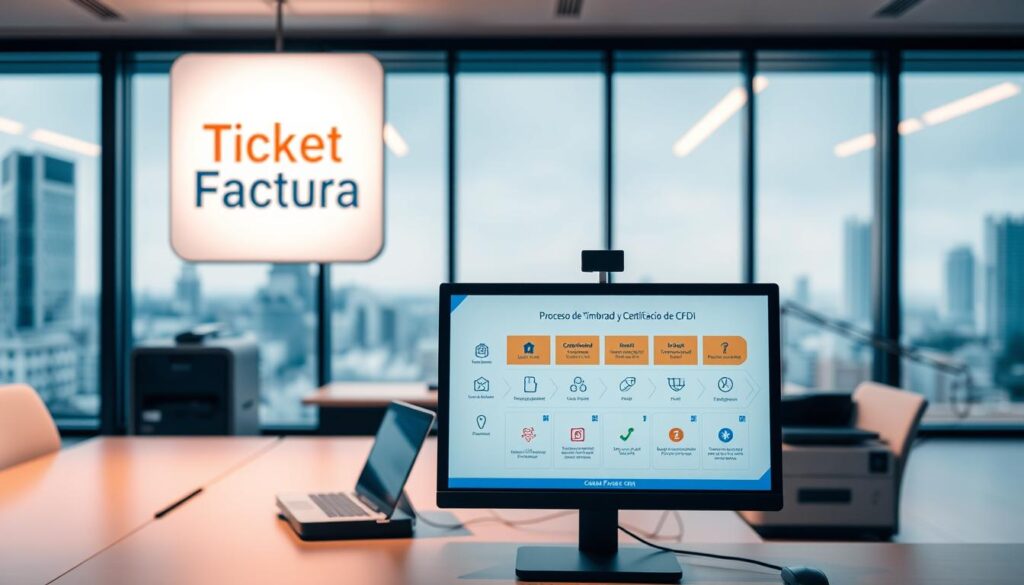 A modern office interior with a prominently displayed "Ticket Factura" brand logo. The foreground features a computer monitor displaying the "Proceso de Timbrado y Certificación de CFDI" process, with various icons and graphics illustrating the digital workflow. The middle ground shows a desk with a laptop, printer, and other electronic devices, all bathed in warm, indirect lighting. The background reveals a sleek, minimalist workspace with large windows overlooking a cityscape. The overall scene conveys a sense of professionalism, efficiency, and technological sophistication in the electronic invoicing and certification process.
