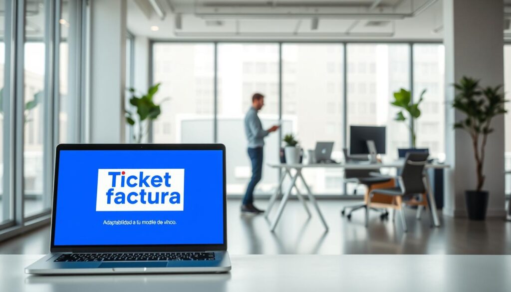 A modern office interior with a sleek, minimalist aesthetic. In the foreground, a laptop displays the "Ticket Factura" branding, showcasing its adaptable electronic invoicing capabilities. The middle ground features a professional working at a standing desk, surrounded by organizational tools and digital devices, symbolizing the flexibility of the invoicing system to integrate seamlessly with various business models. The background depicts large windows, allowing natural light to flood the space, creating a sense of openness and adaptability. The overall scene conveys a harmonious, efficient, and forward-thinking atmosphere, aligning with the concept of "Adaptabilidad a tu modelo de negocio".