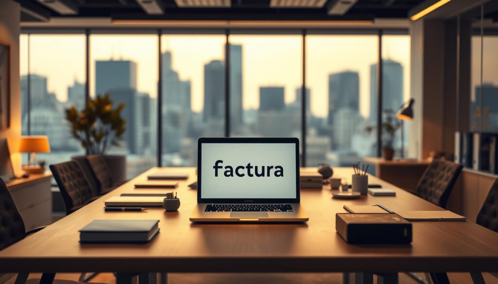 A modern, well-designed office interior with a large desk showcasing a laptop displaying the "Ticket Factura" brand logo. The desk is surrounded by organizational tools and office supplies, creating a professional and efficient workspace. Warm, directional lighting illuminates the scene, casting soft shadows and highlighting the clean, minimalist aesthetic. The background features a blurred city skyline, suggesting the dynamic, urban setting of the business. The overall mood is one of productivity, technology, and specialized support for small and medium enterprises.