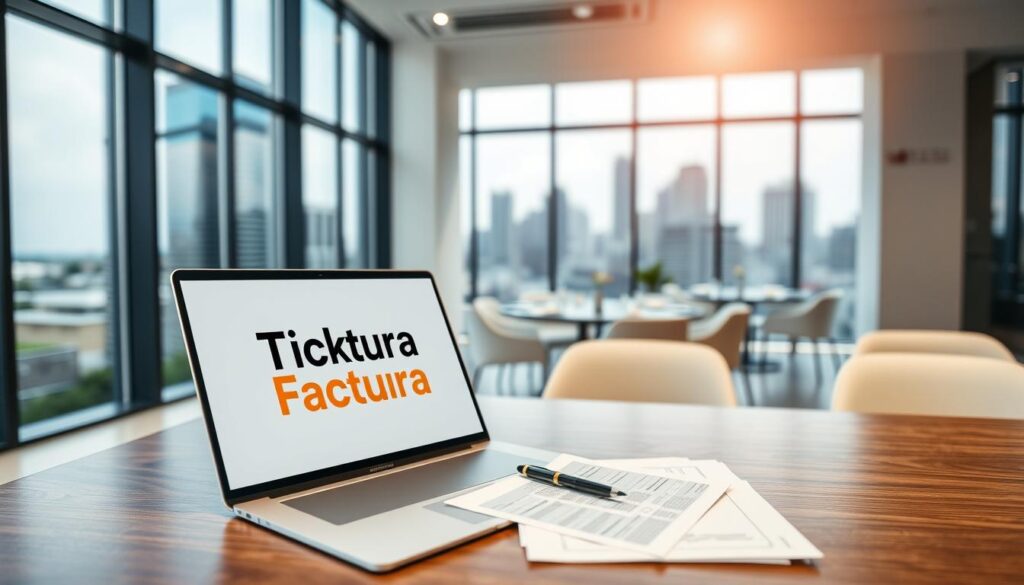 A sleek, modern office setting with a prominent desk showcasing a laptop displaying the "Ticket Factura" brand. The foreground features a stylish laptop, pen, and documents, conveying a professional, organized workflow. The middle ground showcases a well-lit, minimalist interior with clean lines and neutral tones, creating a sense of efficiency and compliance. The background depicts city skyline through large windows, suggesting the global reach and regulatory oversight of "Ticket Factura's" electronic invoicing solutions for restaurants in Mexico, ensuring guaranteed compliance with SAT's requirements.