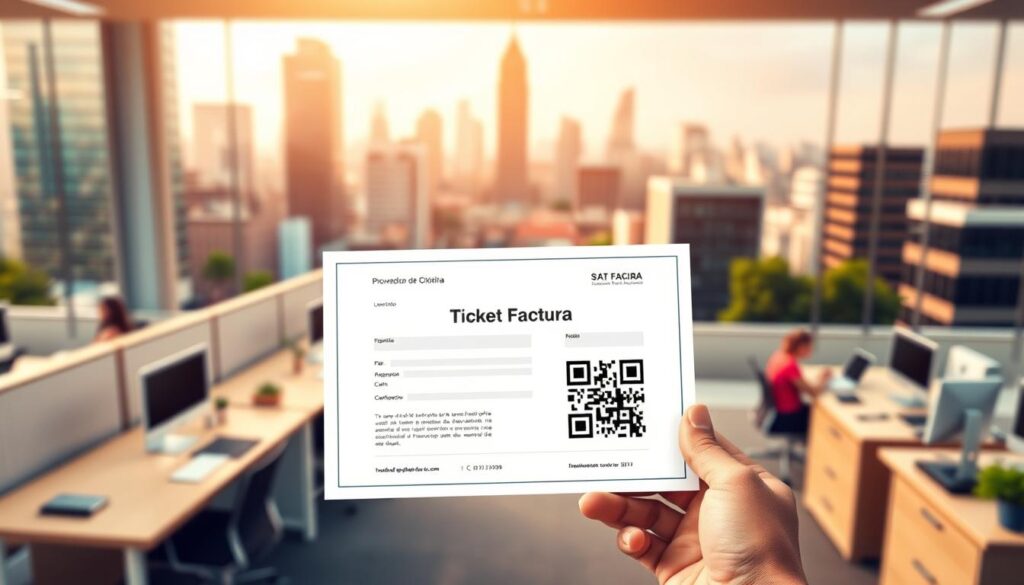 A vibrant, realistic illustration of a Proveedor de Autorización de Certificación (PAC) digital certificate for the Mexican tax authority SAT. In the foreground, a sleek, modern digital document with the "Ticket Factura" brand name and a QR code, held by a hand against a blurred background. The middle ground features a clean, professional office setting with desks, computers, and people working. The background showcases the iconic architecture of Mexico City, with towering skyscrapers and the vibrant colors of the city. The scene is bathed in warm, natural lighting, conveying a sense of legitimacy, professionalism, and regulatory compliance.