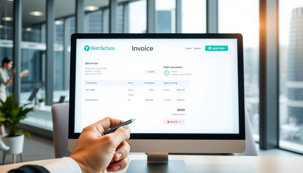 A well-lit, modern office space featuring a sleek, minimalist computer monitor displaying the "Ticket Factura" brand prominently. The screen showcases a clean, intuitive digital invoicing interface with clearly labeled sections for client information, item details, and payment options. The foreground is dominated by a professional-looking hand using a stylus to input data, conveying the ease and efficiency of electronic invoicing. The background features a blurred cityscape visible through large windows, suggesting a productive, urban setting. The overall atmosphere is one of productivity, security, and technological sophistication.