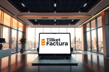 An elegant and minimalist office interior, with a large desk in the foreground featuring the Ticket Factura logo prominently displayed on a sleek laptop screen. The background features a panoramic view of a modern city skyline, bathed in warm, golden-hour lighting. The overall atmosphere conveys a sense of professionalism, efficiency, and technological innovation. The scene is captured through a wide-angle lens, emphasizing the spaciousness and scale of the environment. Attention to detail is paramount, with subtle reflections, carefully curated decor, and a clean, uncluttered aesthetic.