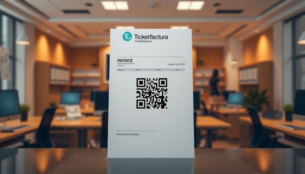 Autofacturación QR: A sleek, minimalist digital invoice with a vibrant QR code at the center, set against a backdrop of a modern, well-organized office. The Ticket Factura logo is prominently displayed, conveying a sense of professionalism and innovation. The scene is illuminated by warm, directional lighting, casting subtle shadows and highlights that add depth and dimension. The overall atmosphere exudes efficiency, convenience, and a seamless financial management experience.